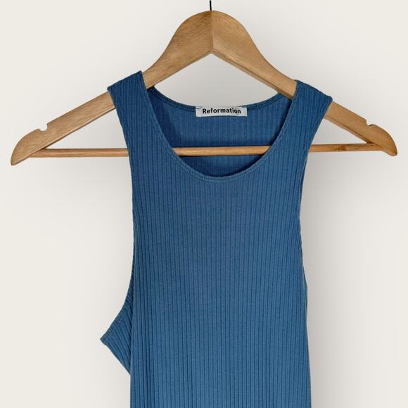 Reformation Candice Bodycon Midi Dress Cut Out Large Blue Ribbed Knit Open Back - Picture 4 of 12
